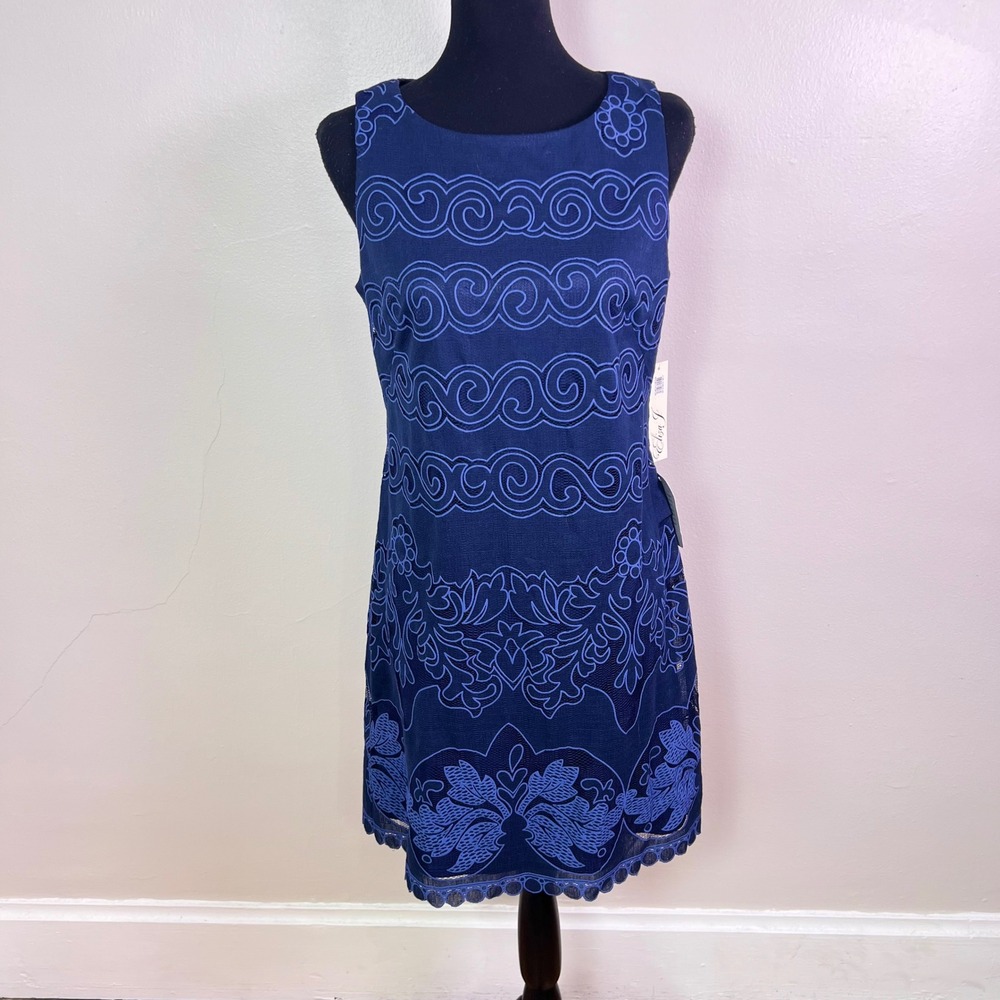 NWT-Eliza J Sheath Dress 6 Blue Soutache Embroidered Scalloped Sleeveless Mesh